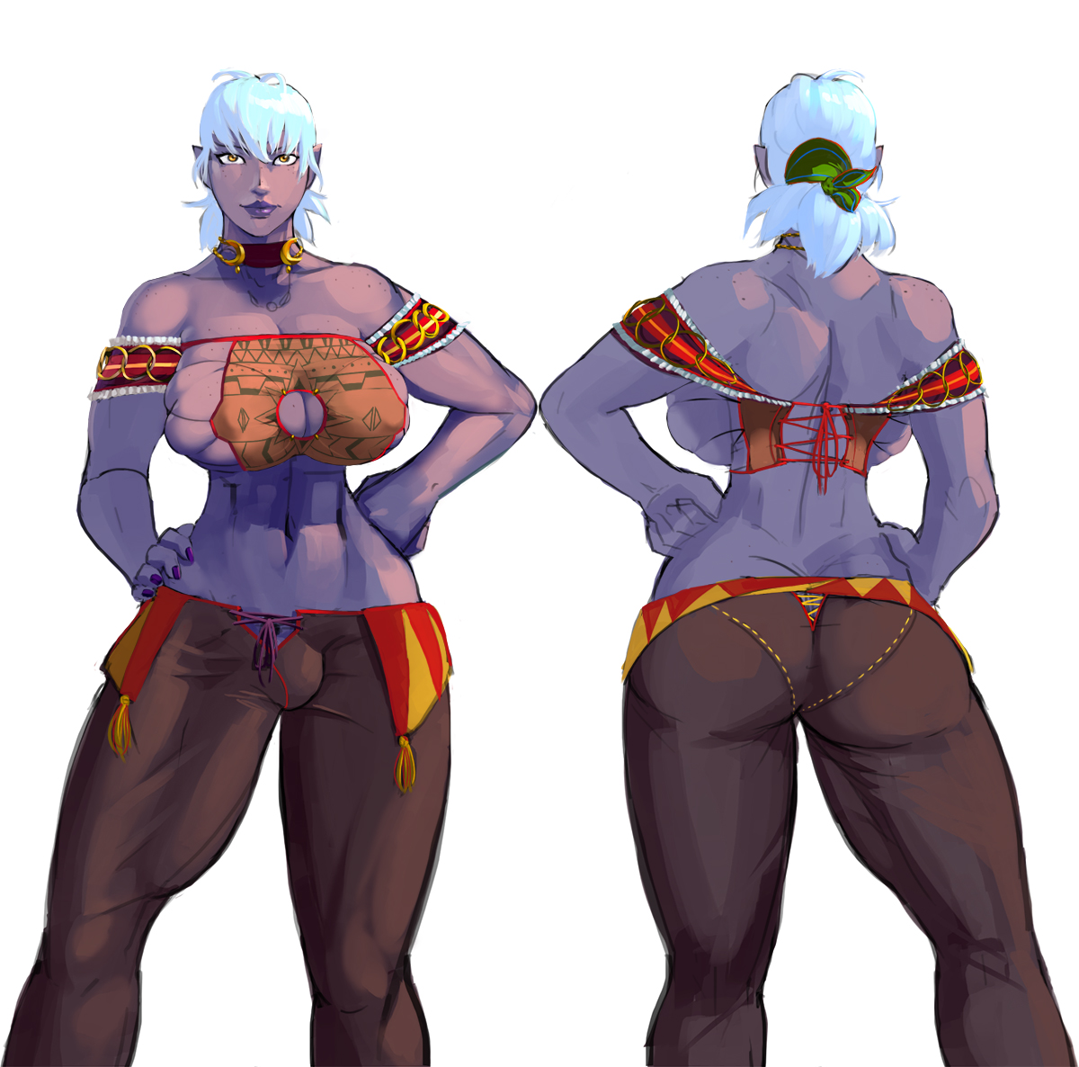 1futa, aka6, ass, breasts, bulge, cameltail, choker, cleavage, clothed, futa only, futanari, hair, hand on hip, intersex, large breasts, navel, pointy ears, purple skin, skindentation, solo, standing, white hair, yellow eyes