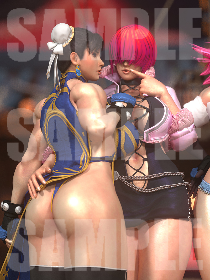 2girls 3d 3girls adapted_costume ass black_hair bracelet breasts bun_cover chun-li cleavage clothing double_bun dress earrings female fingerless_gloves hair_bun hair_over_eyes jewelry king_of_fighters large_breasts leotard lips lipstick makeup multiple_girls pink_hair red_hair revealing_clothes shermie_(kof) short_hair spiked_bracelet spikes street_fighter thick_thighs thighs thong tied_hair underwear yuri