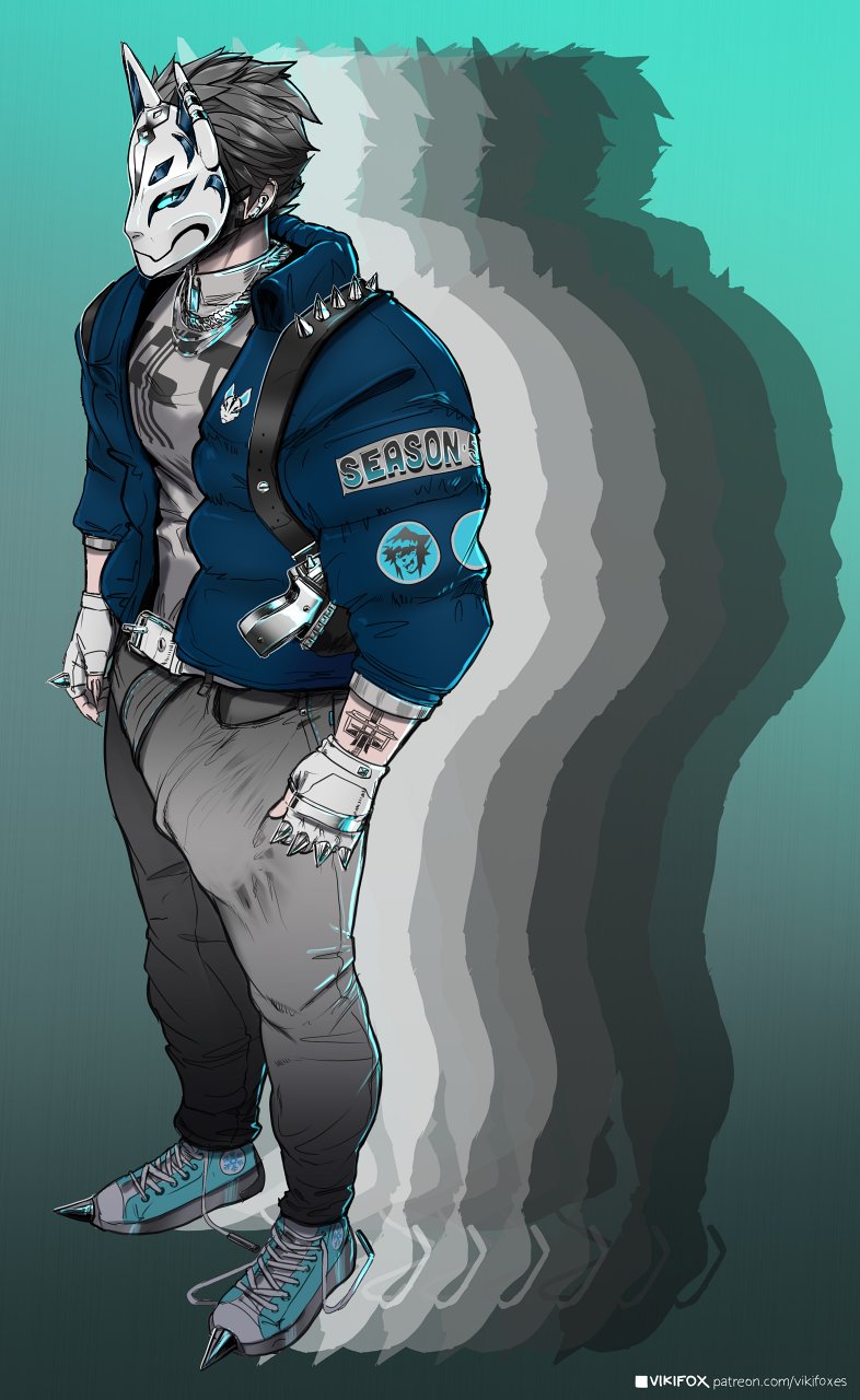 belt bulge converse converse_shoes drift_(fortnite) gloves gun hyper_bulge jacket jacket_open jeans jewelry masked masked_male piercing tattoo turtleneck vikifox_(artist)