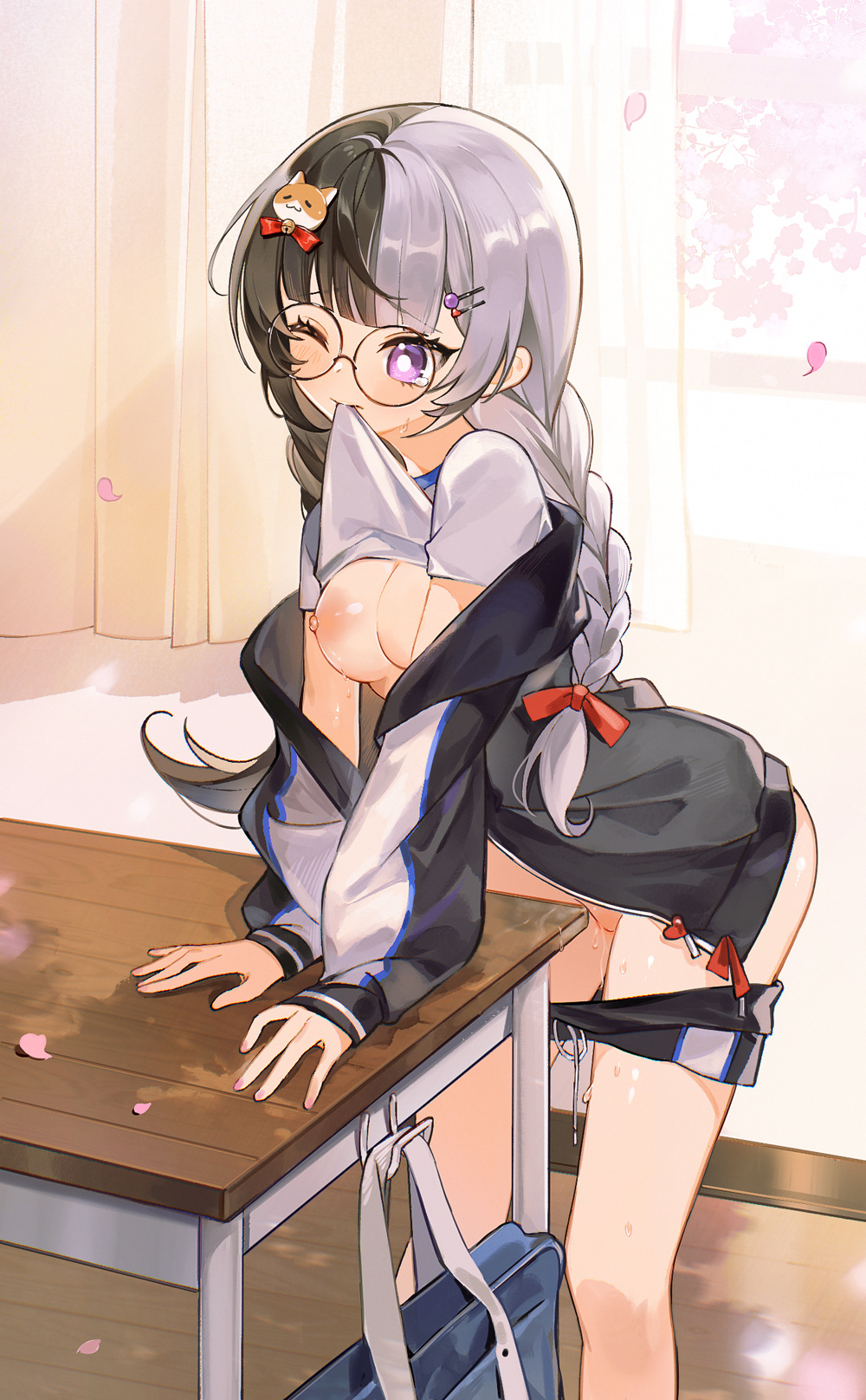 bag black_hair black_jacket blue_bag blush braid breasts cherry_blossoms classroom closed_mouth clothes_in_mouth clothes_pull crotch_rub desk dog_hair_ornament female grey_hair hair_ornament hair_ribbon hairclip highres jacket long_hair long_sleeves masturbation medium_breasts mouth_hold multicolored_hair nipples open_clothes open_jacket original purple_eyes pussy_juice red_ribbon ribbon round_eyewear school_bag school_desk shirt shirt_in_mouth shorts shorts_pull solo split-color_hair sweatdrop table_humping twin_braids white_shirt yayako_(804907150) zipper_pull_tab