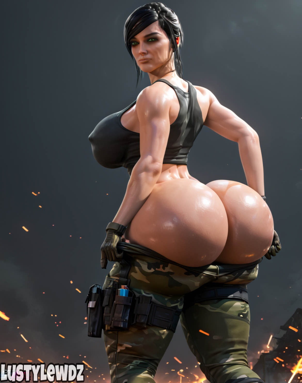 1girls ai_generated ass_exposed ass_view big_breasts black_hair black_tank_top bubble_ass bubble_butt butt_focus call_of_duty camo_pants gloves lustylewdz mara_(cod) modern_warfare nipple_bulge nipple_outline outside poor_quality pulling_down_pants solo standing tank_top thick thick_ass toned_body toned_female