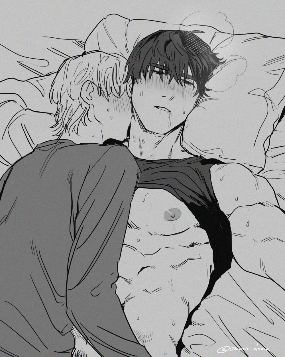 2boys bed black_eyes black_hair blush gay grey_background lying lying_on_back male male_only monochrome multiple_boys muscular_male nipples original parted_lips shirt_lift size_difference sweat tank_top yaoi yukibi_(ykb)