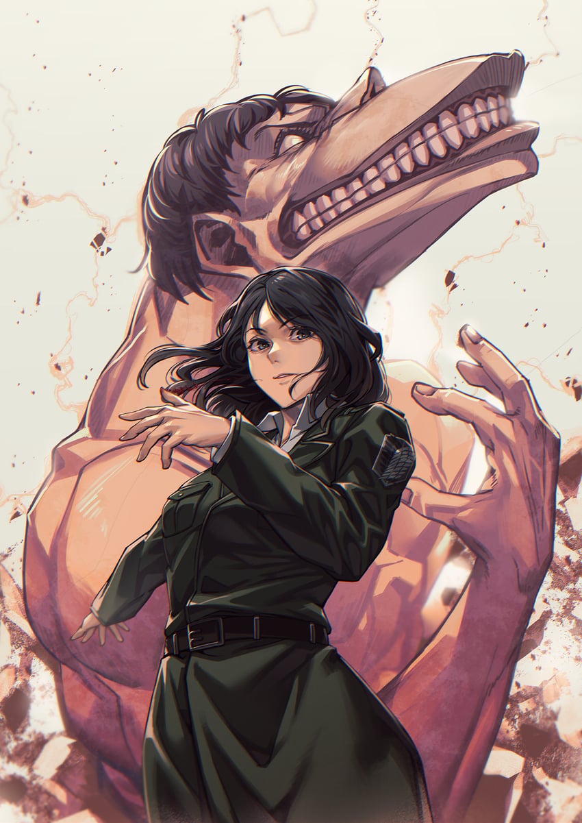 aquiline_nose belt black_eyes black_hair cart_titan coat emblem female hands_up highres insignia jacket light_smile looking_at_viewer medium_hair mikel_bk nose pieck_finger safe safe_for_work shingeki_no_kyojin shirt survey_corps_(emblem) titan_(shingeki_no_kyojin) trench_coat white_shirt