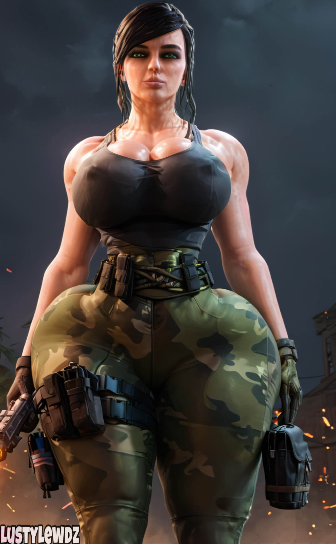 1girls ai_generated black_hair black_tank_top call_of_duty camo_pants gloves lustylewdz mara_(cod) modern_warfare outside poor_quality solo standing tank_top thick toned_body toned_female