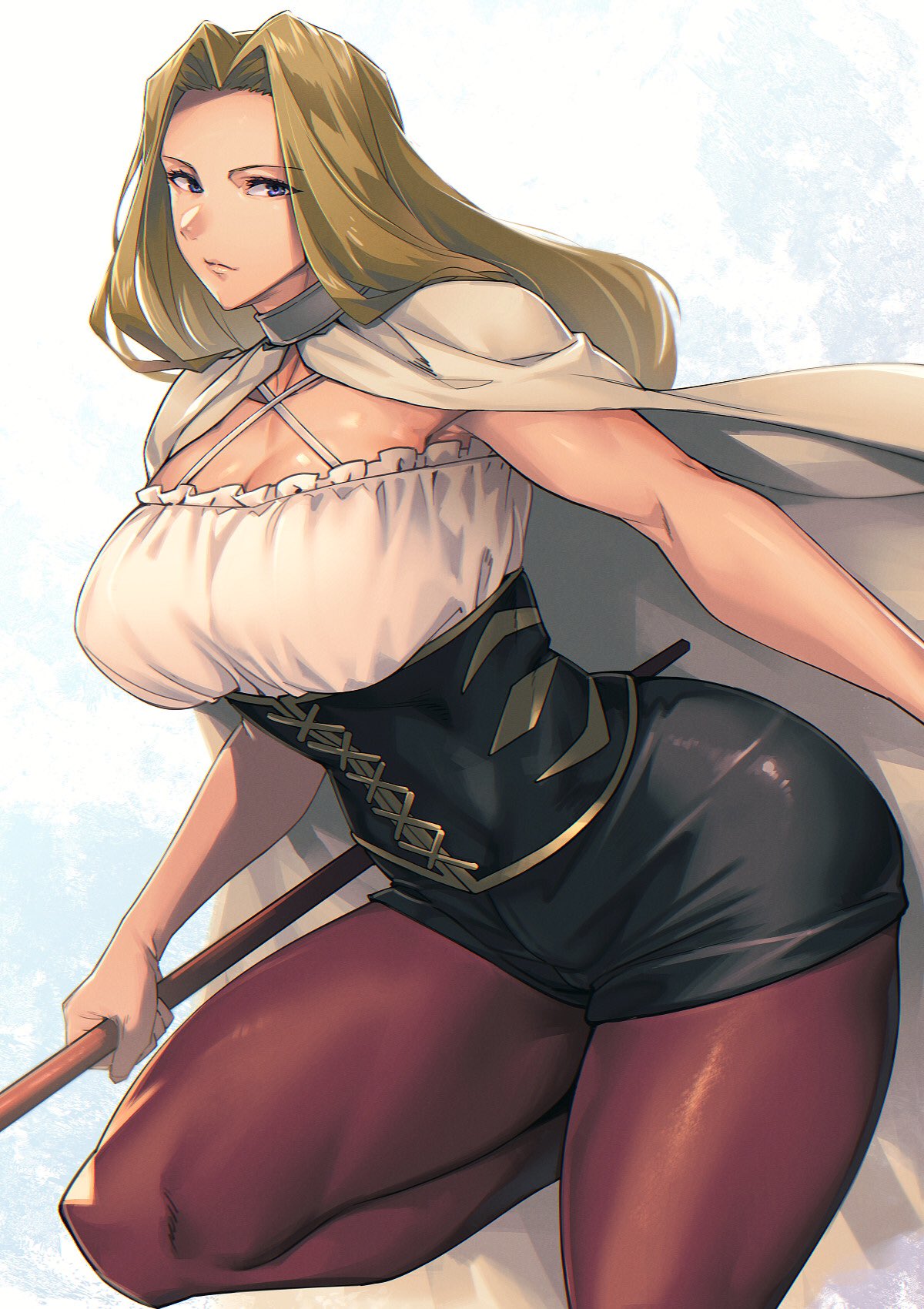 black_corset black_shorts blonde_hair blue_eyes breasts brown_pantyhose cloak closed_mouth corset criss-cross_halter criss-cross_strings female halterneck highres holding holding_staff large_breasts long_hair looking_at_viewer methode_(sousou_no_frieren) mikel_bk pantyhose parted_bangs shirt shorts sleeveless sleeveless_shirt solo sousou_no_frieren staff standing standing_on_one_leg thick_thighs thighs white_cloak