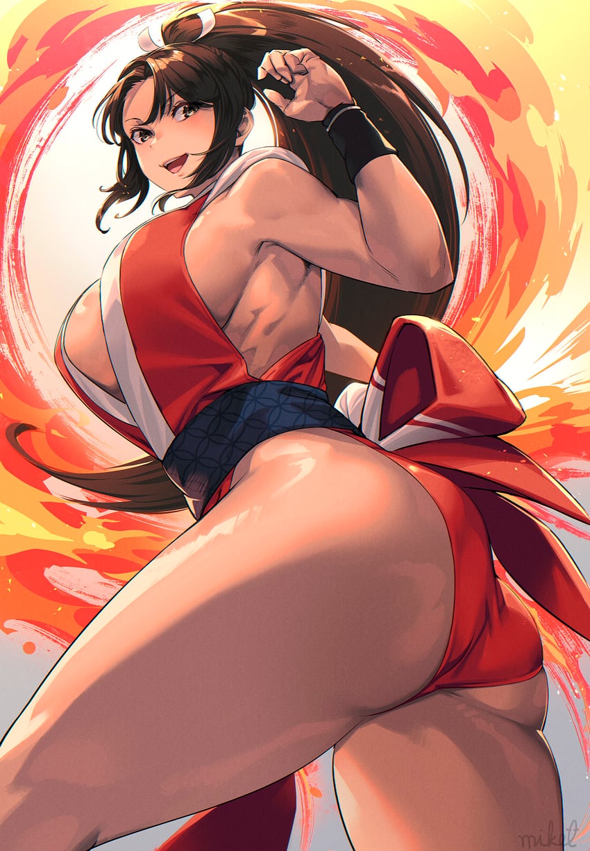 ass breasts brown_eyes brown_hair fatal_fury female fire high_ponytail japanese_clothes large_breasts long_hair mikel_bk no_bra pelvic_curtain ponytail revealing_clothes shiranui_mai sideboob solo street_fighter street_fighter_6 tan thick_thighs thighs