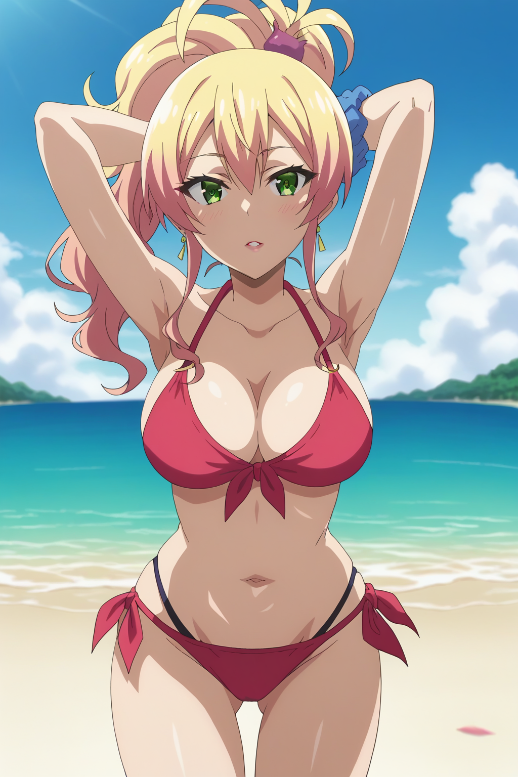 ai_generated armpits arms_behind_head arms_up bangs beach bikini bikini_bottom blonde_hair blue_scrunchie blue_sky blush breasts clavicle cleavage clothing cloud cowboy_shot day earrings female front-tie_top green_eyes gyaru hair_between_eyes hair_ornament hair_scrunchie hajimete_no_gal halterneck jewelry large_breasts layered_bikini long_hair looking_at_viewer navel ocean open_mouth outdoors parted_lips ponytail red_bikini red_swimsuit scrunchie side-tie_bikini_bottom side-tie_clothing side-tie_swimsuit sky solo standing stomach swimsuit teen teen_girl teenage teenage_girl teenager thighs tied_hair water yame_yukana