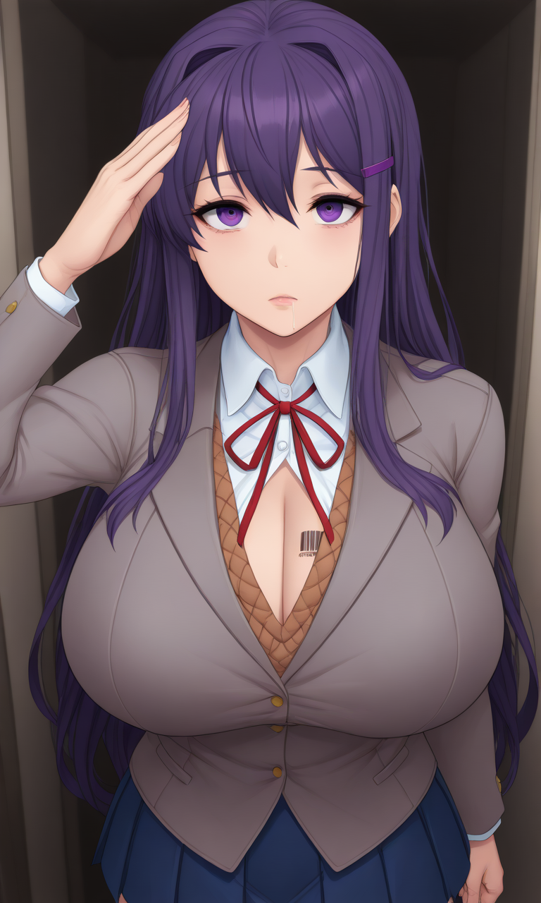 ai_generated barcode barcode_tattoo big_breasts blue_skirt body_modification brainwashed brainwashing doki_doki_literature_club drooling emotionless empty_eyes expressionless hacking huge_breasts hypnosis identity_death large_breasts long_hair massive_breasts mental_transformation mind_control open_mouth open_shirt pov pov_male purple_eyes purple_hair salute saluting school_uniform utter_domination white_shirt yuri_(doki_doki_literature_club)