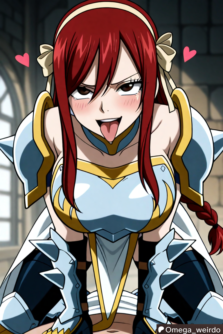 1girl1boy ahe_gao ahe_gao ahegao_face ai_generated armor armored_female big_breasts blush braided_ponytail brown_eyes dungeon erza_scarlet fairy_tail female floating_hearts gloves headband huge_breasts long_hair losing_control no_sex omega_weirdo open_mouth patreon red_hair ribbon straddling tongue_out