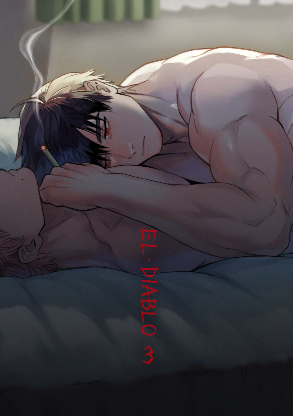 2boys back bed bedroom black_hair cigarette completely_nude expressionless gay head_out_of_frame lying lying_on_back lying_on_stomach male male_only multiple_boys muscular_male nude original red_eyes smoking solo_focus topless yaoi yukibi_(ykb)