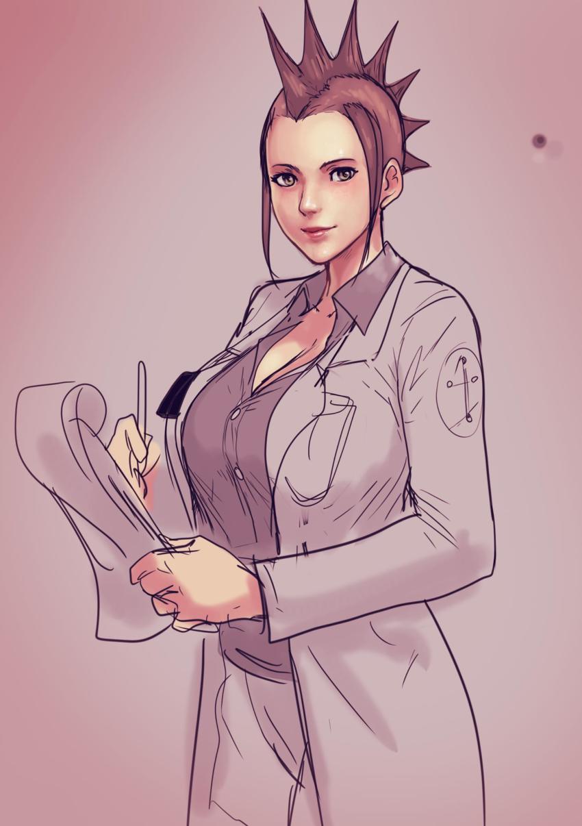 1girl big_breasts clipboard clothed doctor erkaz fallout fallout_new_vegas julie_farkas lab_coat mohawk_(hairstyle) white_coat