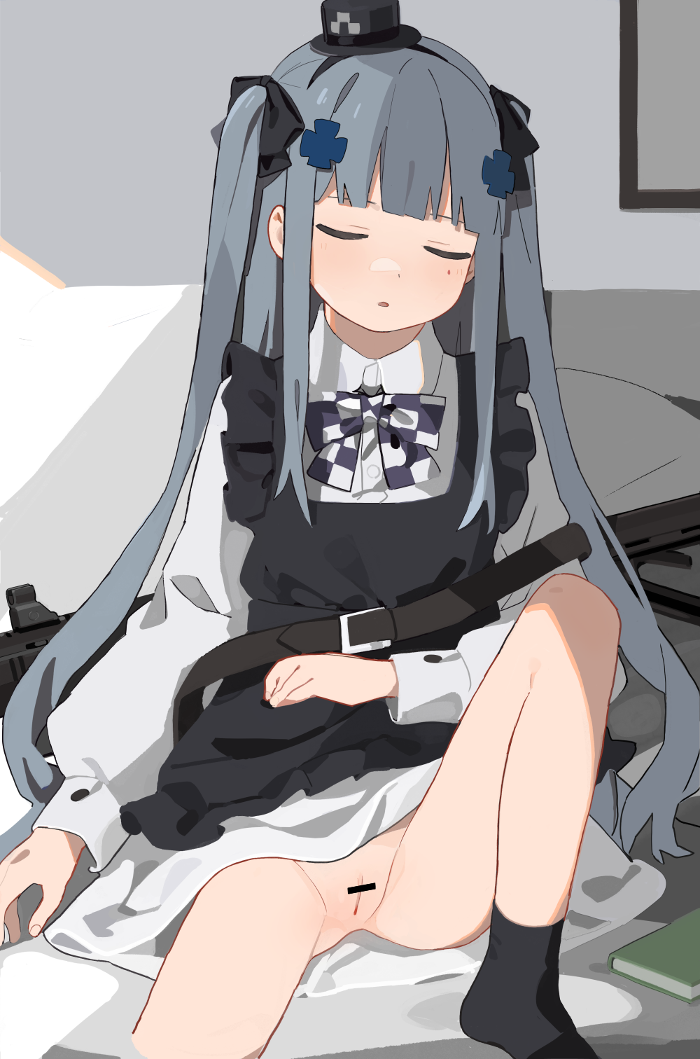 ankle_socks anklehighs assault_rifle black_socks book censored closed_eyes female girls'_frontline gun h&k_hk416 hat highres hk416_(black_kitty's_gift)_(girls'_frontline) hk416_(girls'_frontline) knees legs long_hair long_sleeves no_panties pussy rifle sitting sleeping socks solo spread_legs thighs weapon yuki_hotaru