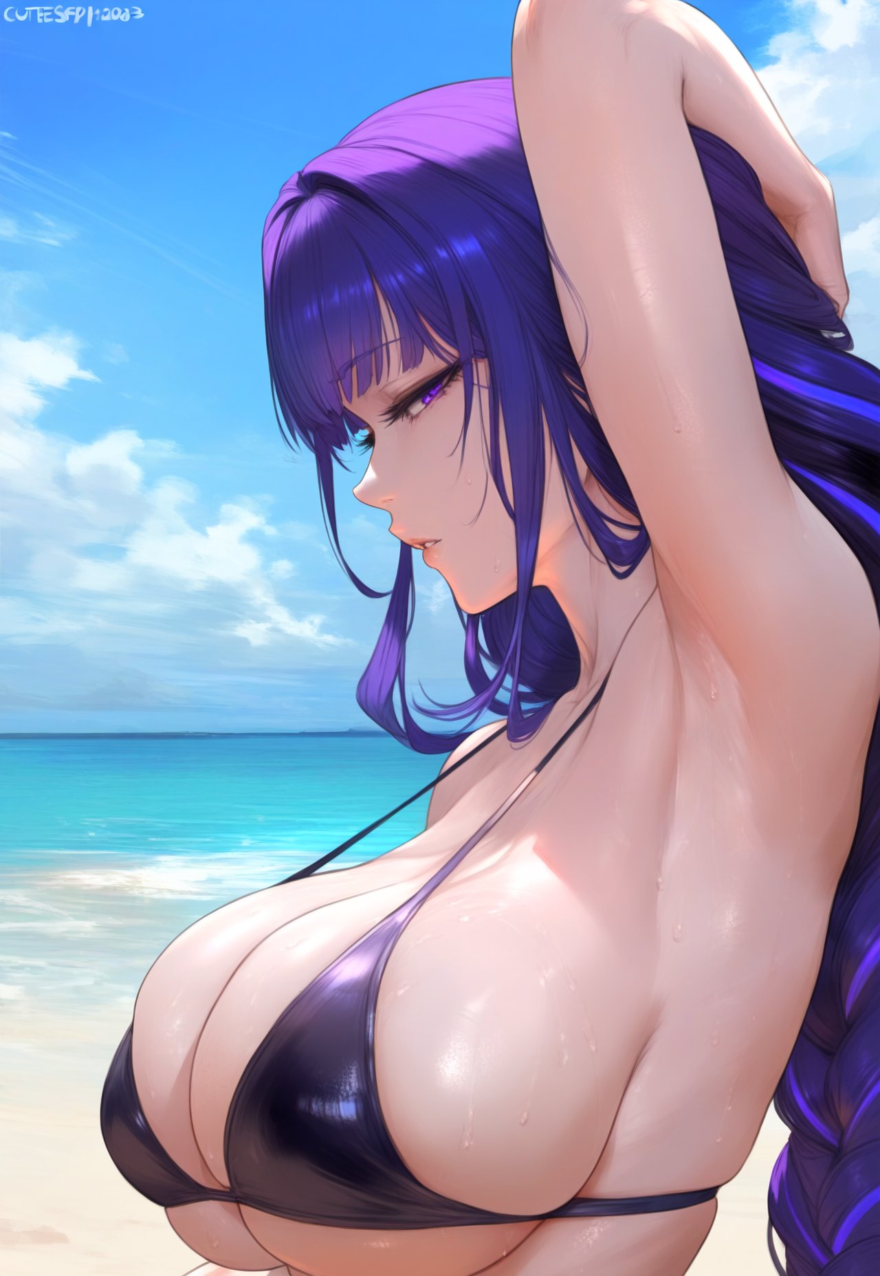 1girls ai_generated arm_behind_head armpits arms_up bangs bare_shoulders beach bikini black_bikini black_swimsuit blue_sky blush braid braided_ponytail breasts clavicle cleavage closed_mouth clothing cloud curvaceous curvaceous_female curvaceous_figure curvy curvy_figure day exhibitionism female female female_focus female_only genshin_impact hair_ornament hoyoverse huge_breasts hydrolis999 inviting inviting_to_sex large_breasts long_hair looking_at_viewer mihoyo mole mole_under_eye navel ocean outdoors outside parted_lips ponytail presenting presenting_breasts presenting_self purple_eyes purple_hair raiden_shogun seductive seductive_look seductive_smile sideboob sidelocks single_braid skindentation sky solo strap_gap sunlight sweat swimsuit thighs tied_hair upper_body very_long_hair voluptuous voluptuous_female water wet