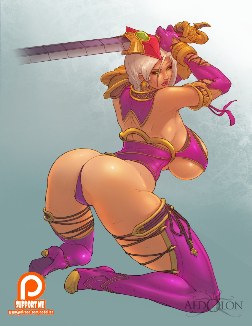aedollon, armlet, armor, ass, bare shoulders, big ass, breasts, clothed, collar, curvy, earrings, elbow gloves, female, female only, gloves, green eyes, hanging breasts, high heels, huge breasts, human, isabella valentine, kneeling, leotard, looking back, namco, purple gloves, purple legwear, short hair, sideboob, simple background, sleeveless, solo, soul calibur, sword, thick thighs, thighhighs, thong leotard, underboob, weapon, white hair