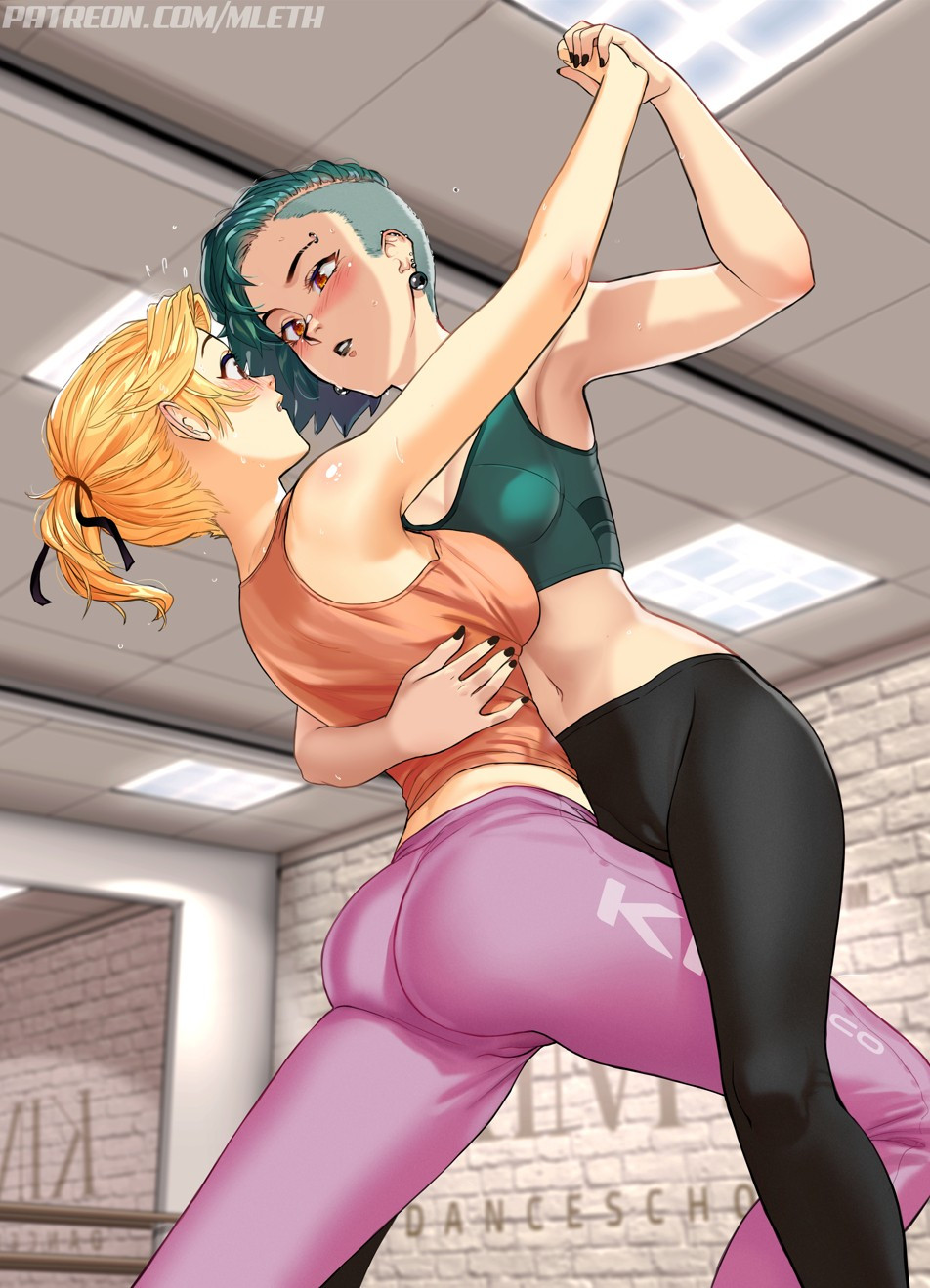 2girls ass ass ass_cleavage back black_fingernails black_nail_polish black_nails black_yoga_pants blurred_background blurry_background blush blush_face blush_lines blushed_face blushing_face blushing_female busty busty_female busty_girl butt_crack butt_crack_outline ear_piercing ear_piercings fingernails indoor indoors large_breasts large_breasts_lesbian lesbian_couple lesbian_focus lesbian_only mathias_leth medium_breasts multiple_females multiple_girls mutual_yuri nail_polish nails original original_art original_artwork original_character original_characters pierced_ear pierced_ears pink_yoga_pants ponytail short_ponytail yoga_pants yuri yuri yuri