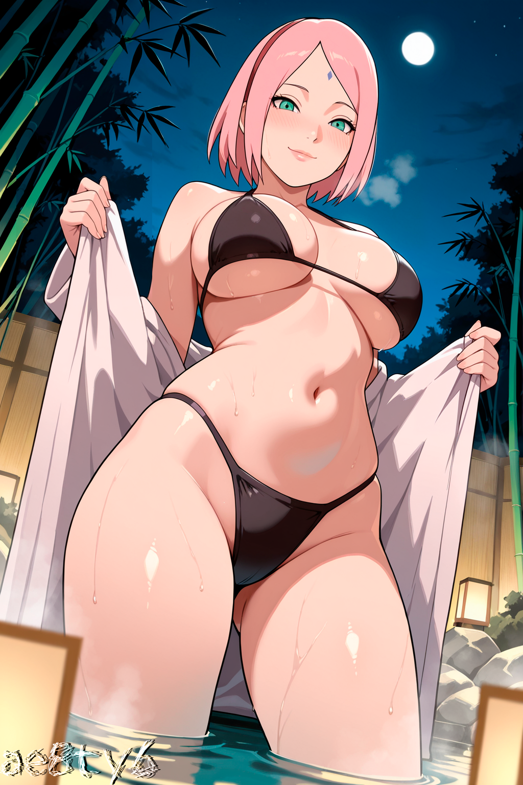 1girls ae8ty6 ai_generated bathrobe big_breasts bikini blush bob_cut boruto:_naruto_next_generations breasts cleavage curvaceous curvy curvy_body curvy_female curvy_figure female_only green_eyes hairband highres hot_spring light-skinned_female light_skin looking_at_viewer mature mature_female naruto naruto_(series) onsen pink_hair sakura_haruno seductive seductive_eyes seductive_look seductive_smile short_hair shoulder_length_hair smile solo solo_focus swept_bangs watermark white_skin