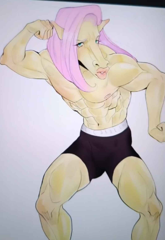 animation_meme art_trend artist_request flutterguy fluttershy_(mlp) human_artist humanization humanized humanized_pony instagram_source long_hair meme meme_reference mlp_g4 muscular my_little_pony no_ai pink_hair shitpost solo solo_focus trend yellow_body you_made_me_mlp_meme