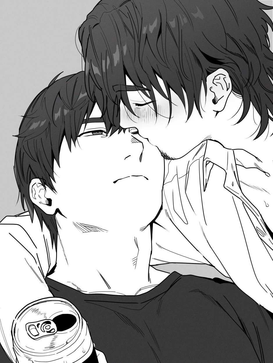 2boys alcohol arms_around_neck black_hair blush closed_eyes drunk facial_hair gay grey_background kissing looking_at_another male male_only monochrome multiple_boys one_eye_closed original simple_background sweat yaoi yukibi_(ykb)