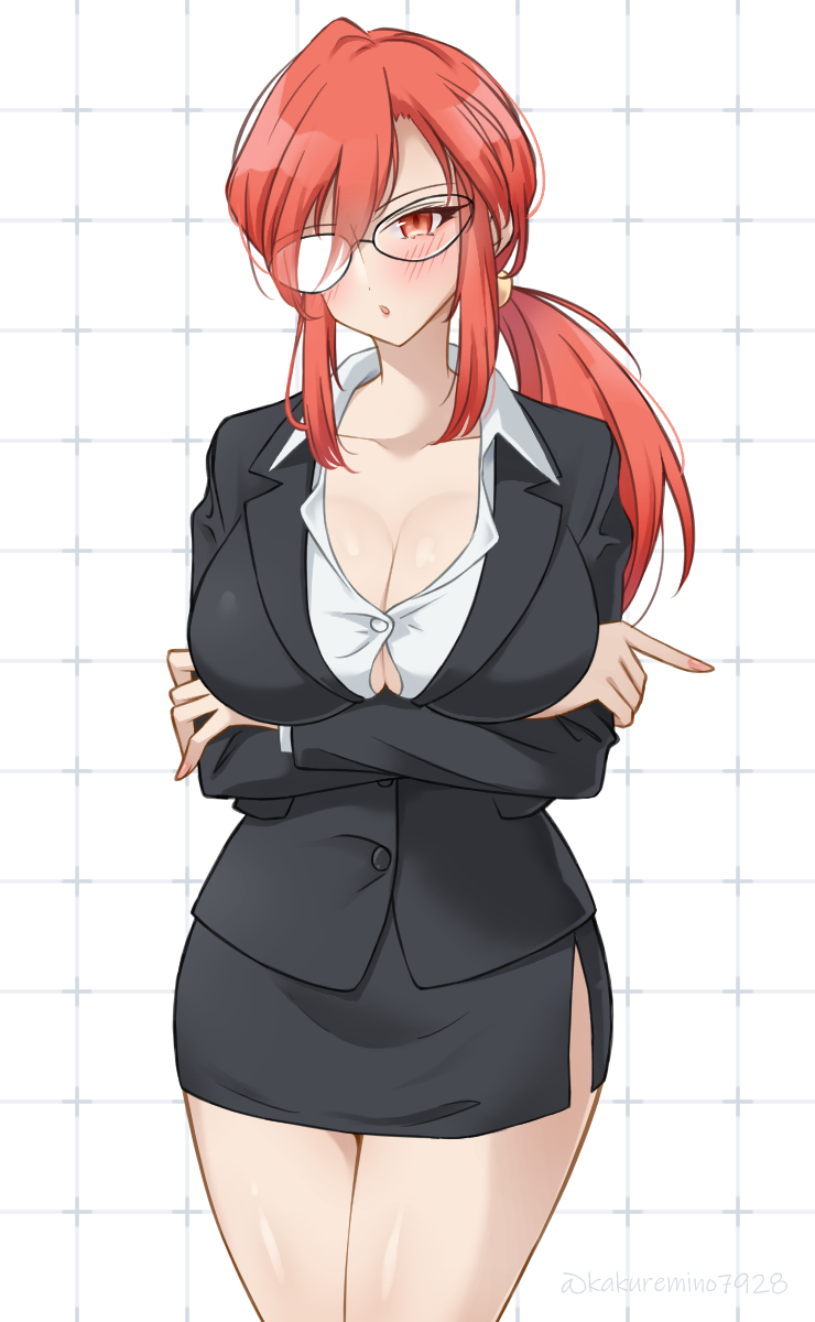 alternate_costume artist_name big_breasts blush breasts bursting_breasts buttons cleavage cowboy_shot creatures_(company) crossed_arms female game_freak glasses hi_res kakuremino7928 long_hair looking_at_viewer lorelei_(pokemon) matching_hair/eyes miniskirt nintendo office_lady open_mouth pokemon pokemon_frlg pokemon_rgby ponytail red_eyes red_hair side_slit sidelocks signature skirt solo standing thighs