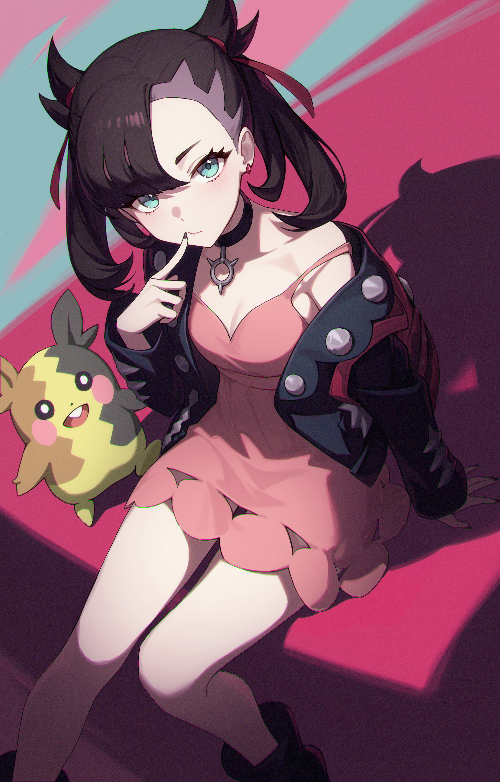 1girls, absurdres, aqua eyes, black choker, black jacket, black nails, breasts, brown hair, choker, cleavage, closed mouth, dress, feet out of frame, female, finger to mouth, fingernails, hair ribbon, hand up, highres, jacket, long fingernails, looking at viewer, marnie (pokemon), medium breasts, medium hair, morpeko, morpeko (full), nail polish, nintendo, open clothes, open jacket, pink dress, pointy ears, pokemon, pokemon (species), pokemon swsh, ribbon, shali, sitting, sleeveless, sleeveless dress, solo, strap slip