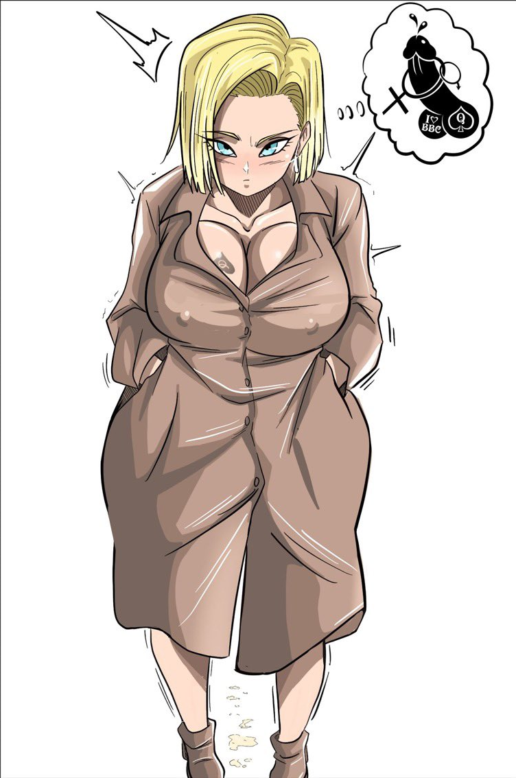 android_18 black_penis blonde_hair cheating_wife cleavage coat cum dark-skinned_male dragon_ball dragon_ball_super dragon_ball_z dripping_cum huge_breasts interracial netorare ntr queen_of_spades small_penis