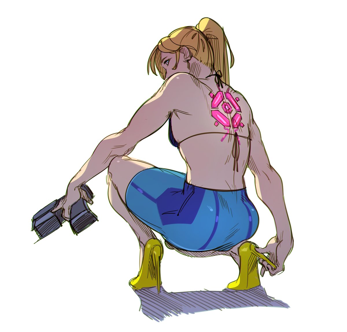 adapted_costume alternate_costume biceps bikini bikini_top_only blonde_hair blue_eyes cel_shading female full_body gun handgun high_heels holding holding_gun holding_weapon long_hair looking_at_viewer looking_back median_furrow metroid muscular muscular_female nips_(ohnips) non-web_source paralyzer ponytail samus_aran shoe_soles simple_background sketch solo squatting stiletto_heels super_smash_bros. swimsuit triceps trigger_discipline weapon white_background yellow_footwear zero_suit