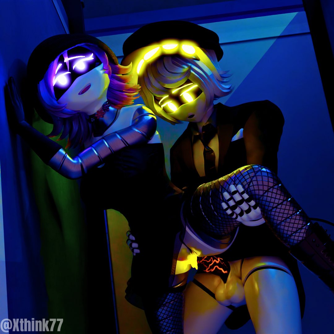1boy, 1girls, 3d, female, full nelson, glitch productions, glowing penis, held up, male, male/female, murder drones, n (murder drones), penis, pussy, robot, robot boy, robot girl, uzi (murder drones), vaginal penetration, xthink77
