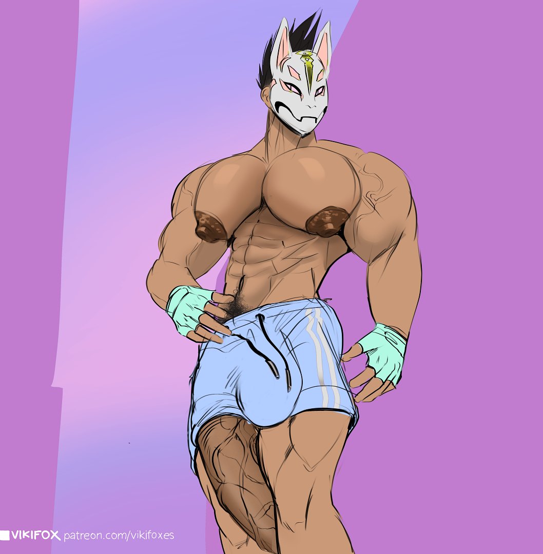 big_pecs drift_(fortnite) gloves hyper_penis masked masked_male penis penis_through_leghole pubes shorts vikifox_(artist)