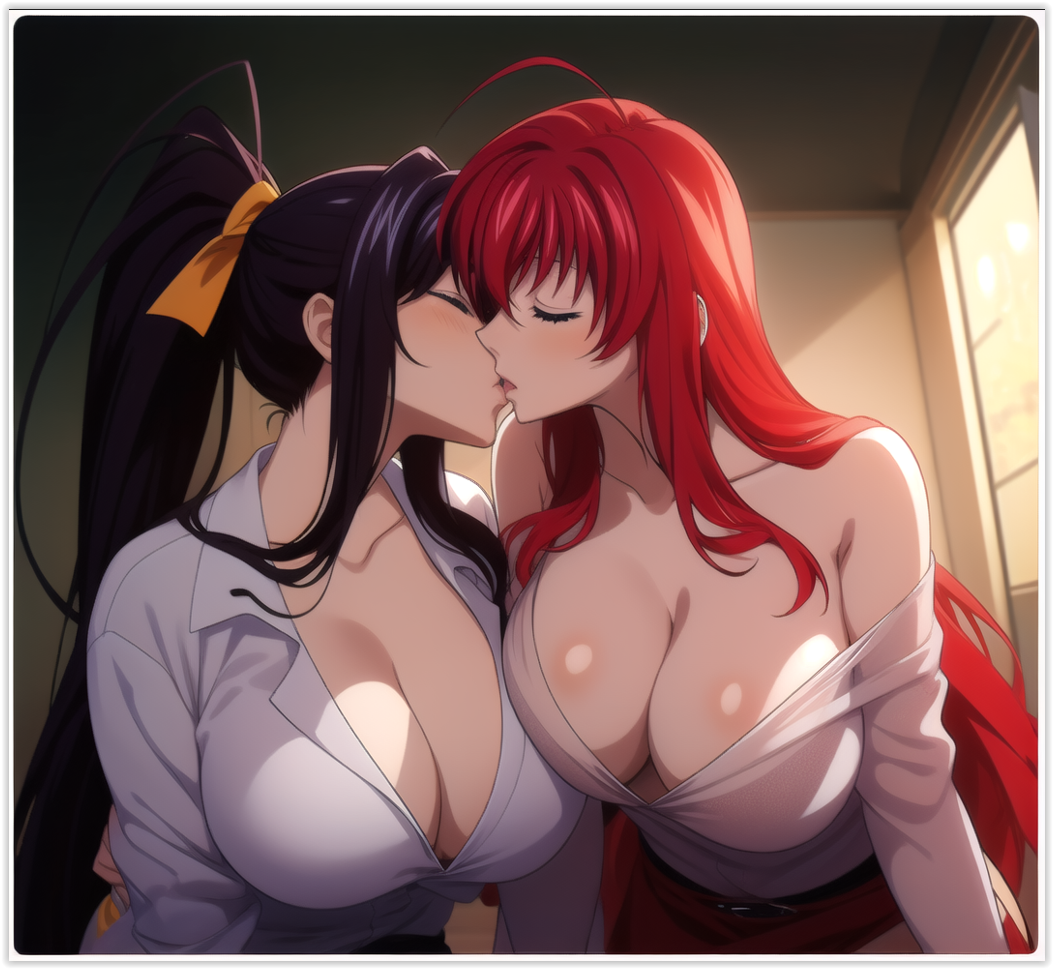 2girls ai_generated akeno_himejima flirting girl_on_girl high_school_dxd kissing lesbian_kiss lesbian_sex lovers rias_gremory yuri yuri yuri