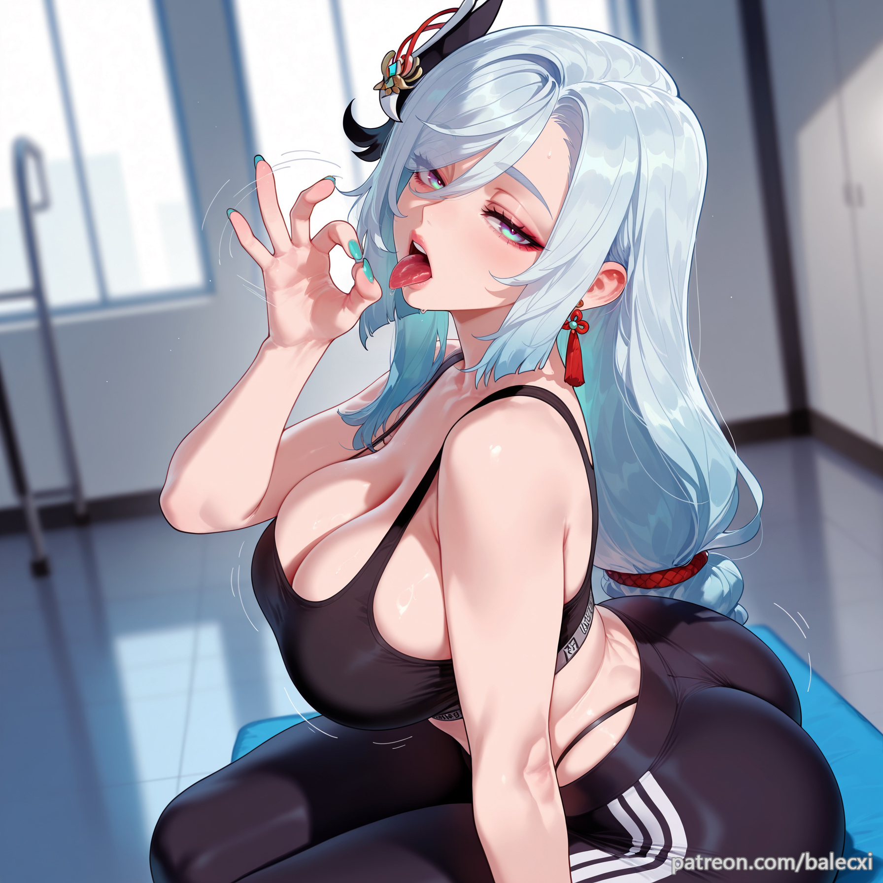 ai generated, ass, balecxi, black sports bra, blue eyes, breasts, cleavage, earrings, fellatio gesture, female, genshin impact, hair ornament, indoors, jewelry, large breasts, long hair, looking at viewer, open mouth, pants, patreon username, shenhe (genshin impact), sitting, solo, sports bra, thighs, tongue, tongue out, underwear, web address, white hair, yoga pants