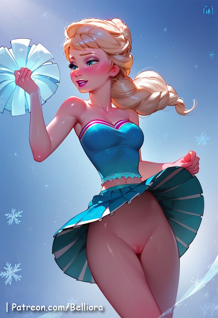 ai_generated belliora blue_eyes blush blush bottomless bottomless_female breasts cheerleader cheerleader_outfit cheerleader_uniform clothed clothed_female clothing disney elsa_(frozen) female female_focus female_only flashing flashing_pussy frozen_(film) long_hair looking_forward no_panties oil oiled oiled_skin partially_clothed partially_clothed_female patreon patreon_username petite petite_body petite_female pom-poms ponytail pose posing pussy shiny shiny_skin skimpy skimpy_clothes skimpy_clothing skimpy_costume skirt skirt_lift skirt_up small_breasts smile smiling solo solo_female upskirt white_hair