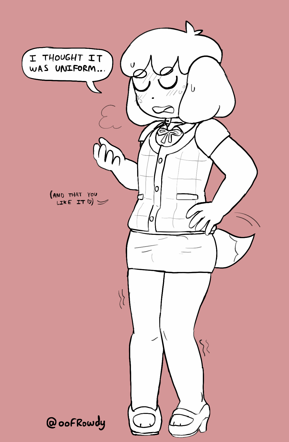 1boy, animal crossing, blush, bulge, bulge through clothing, canine, dialogue, digby (animal crossing), dog boy, femboy, isabelle (animal crossing) (cosplay), male, oofrowdy, shaking, sweat, sweating, text, text bubble