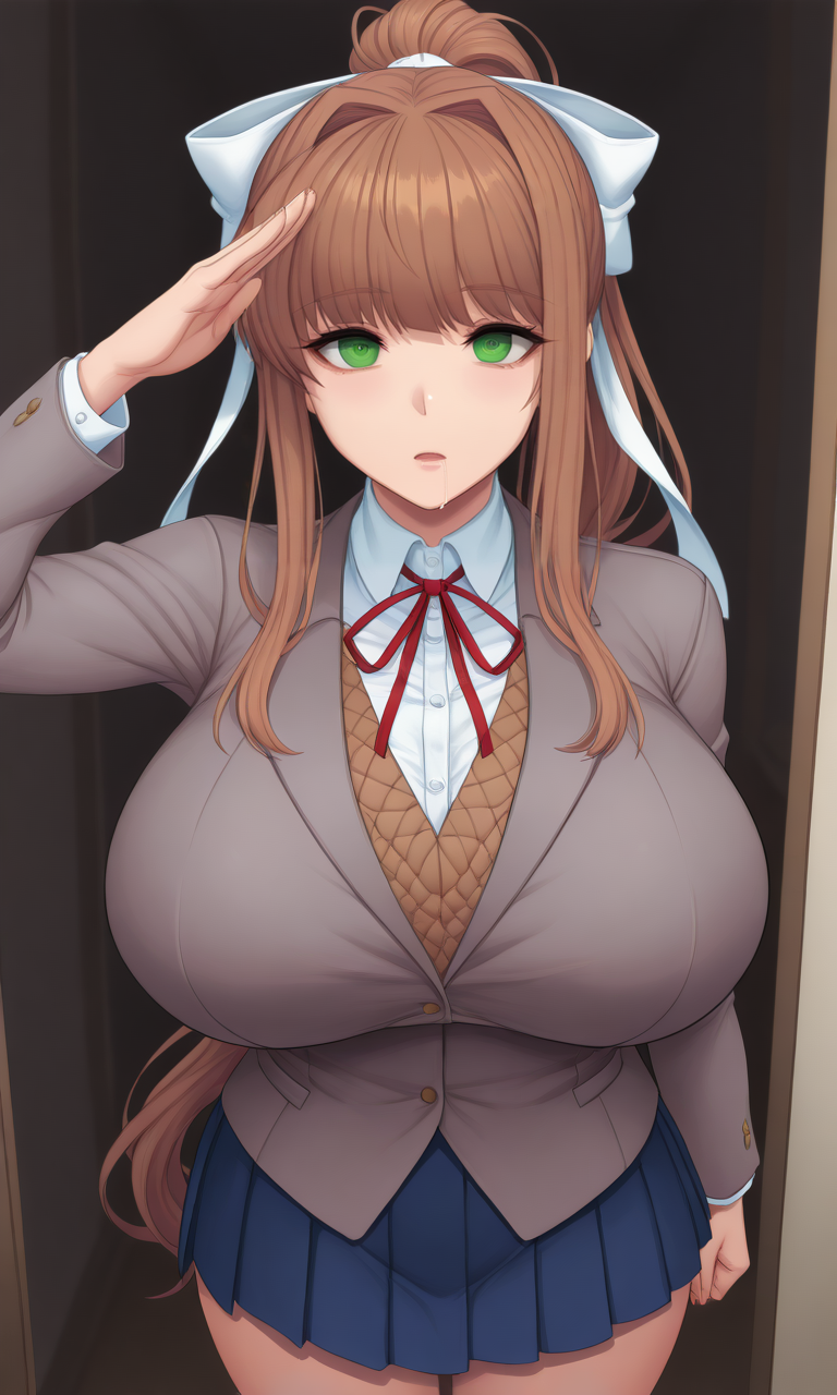 ai_generated big_breasts blue_skirt body_modification brainwashed brainwashing brown_hair doki_doki_literature_club drooling emotionless empty_eyes expressionless green_eyes hacking huge_breasts hypnosis identity_death large_breasts massive_breasts mental_transformation mind_control monika_(doki_doki_literature_club) open_mouth ponytail pov pov_male salute saluting school_uniform utter_domination white_ribbon white_shirt