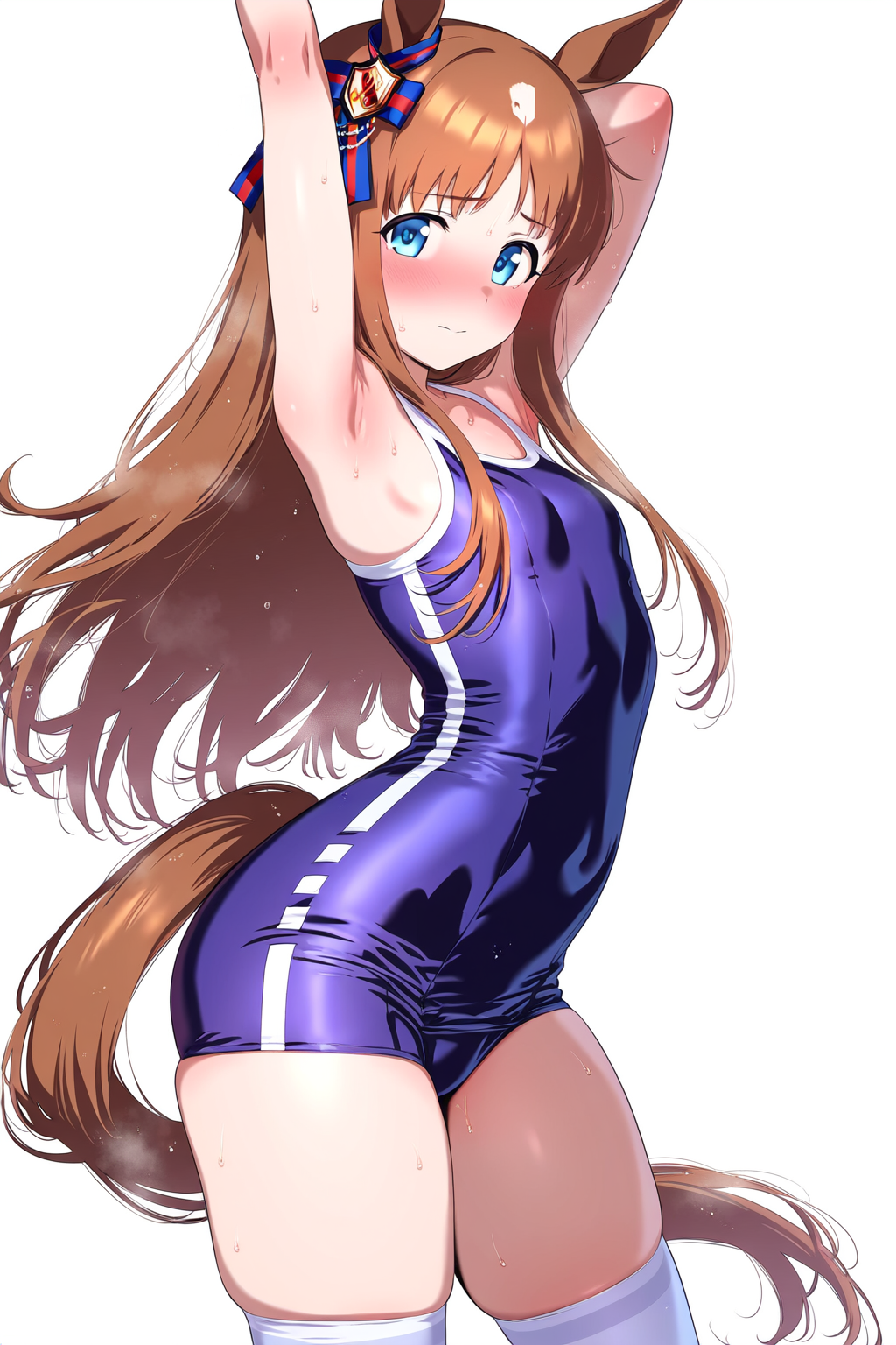 ai_generated animal_ears blue_eyes female grass_wonder_(umamusume) hair_accessory horse_girl light_brown_hair long_hair markings_on_head swimsuit umamusume umamusume_pretty_derby