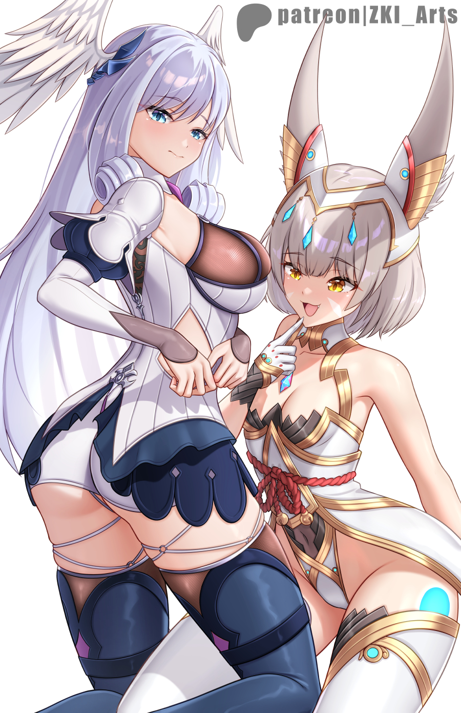 2girls ass bare_shoulders black_boots black_thighhighs blue_eyes blushing boots breasts cat_ears catgirl core_crystal detached_sleeves female female_focus fingerless_gloves gloves head_wings highres large_ass large_breasts leotard long_hair looking_at_breasts looking_at_viewer looking_back melia_antiqua monolith_soft nia nintendo queen seductive_look silver_hair thick_thighs thigh_boots thighhighs thighs very_long_hair white_boots white_thighhighs wide_hips wings xenoblade_(series) xenoblade_chronicles xenoblade_chronicles_2 xenoblade_chronicles_3 yellow_eyes yuri z-ki