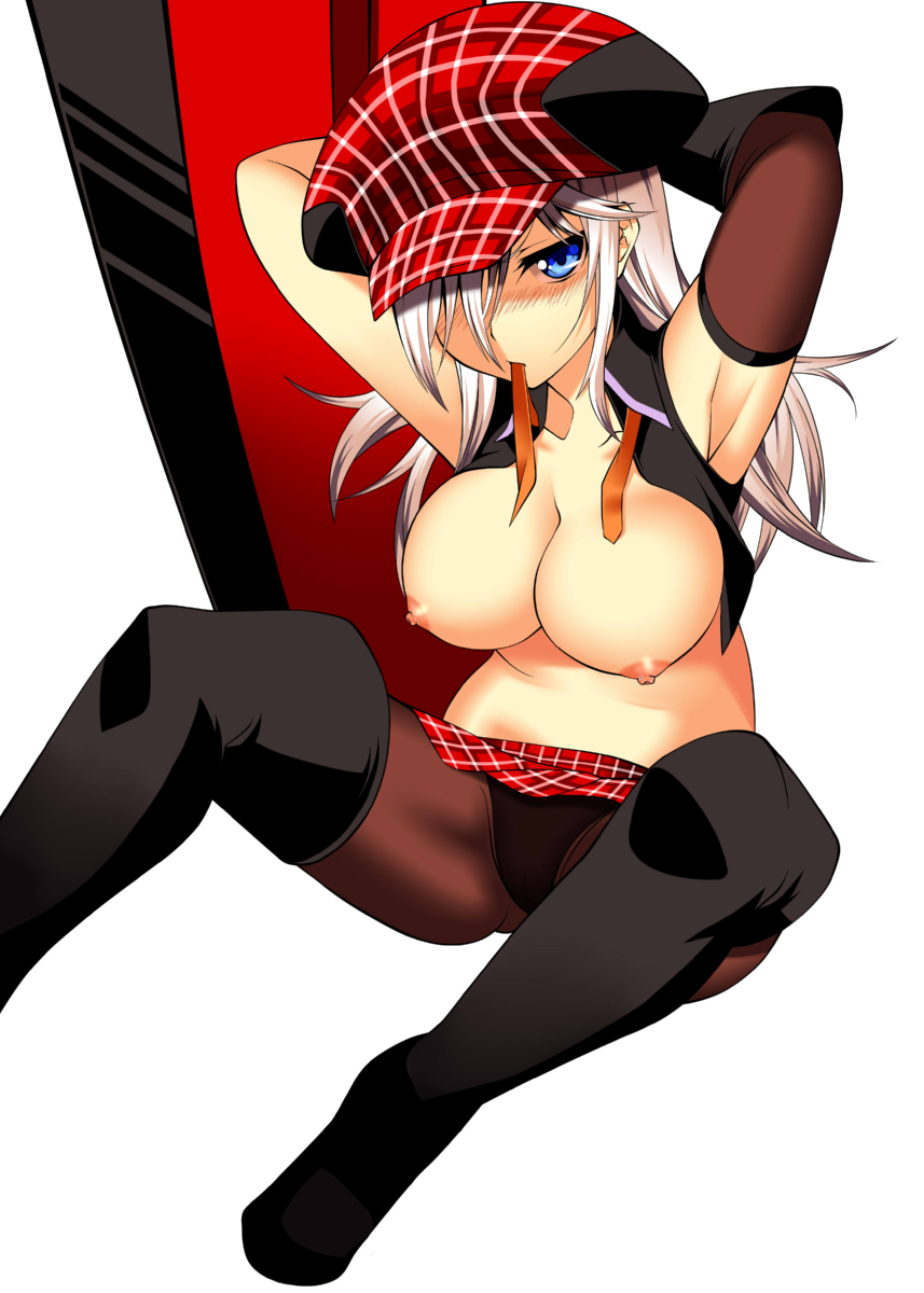 alisa_ilinichina_amiella areolae armpits arms_behind_head arms_up beret blue_eyes blush boots breasts daive detached_sleeves female god_eater hat highres large_breasts long_hair looking_at_viewer nipples panties panties_under_pantyhose pantyhose silver_hair sitting skirt solo thigh_boots thighhighs underwear