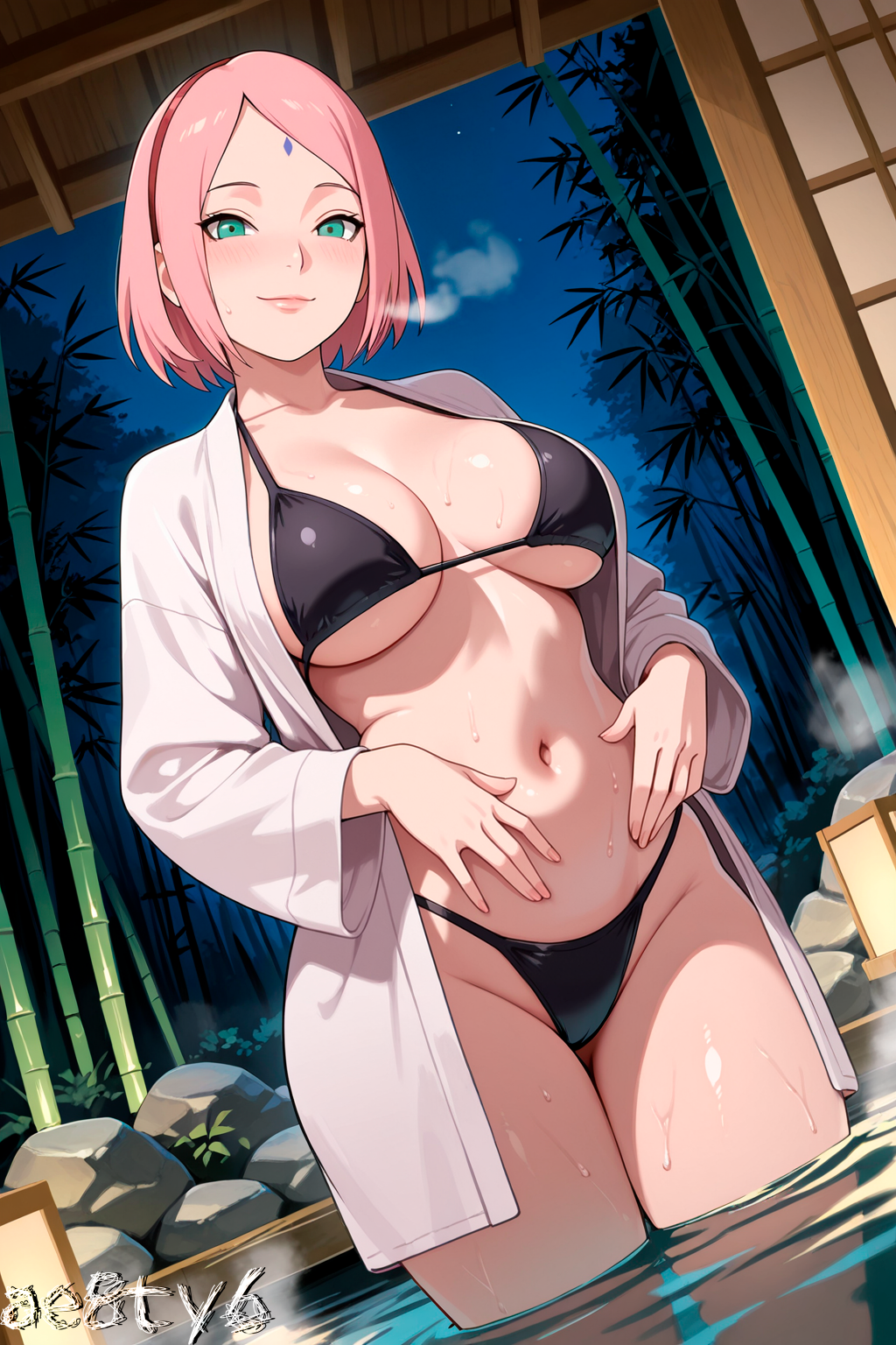 1girls ae8ty6 ai_generated bathrobe big_breasts bikini blush bob_cut boruto:_naruto_next_generations breasts cleavage curvaceous curvy curvy_body curvy_female curvy_figure female_only green_eyes hairband highres hot_spring light-skinned_female light_skin looking_at_viewer mature mature_female naruto naruto_(series) onsen pink_hair sakura_haruno seductive seductive_eyes seductive_look seductive_smile short_hair shoulder_length_hair smile solo solo_focus swept_bangs watermark white_skin