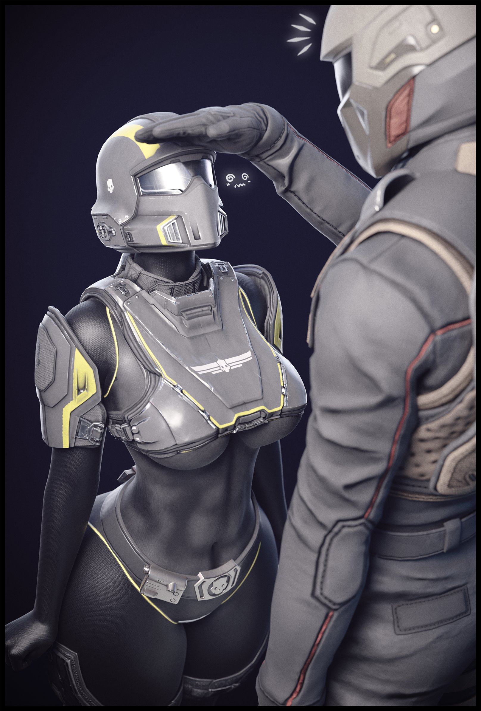 abs, bodysuit, breastplate, female, height difference, helldiver (helldivers), helldivers, helldivers 2, male/female, pauldrons, short woman, shorter female, skimpy, underboob, wotm8h8