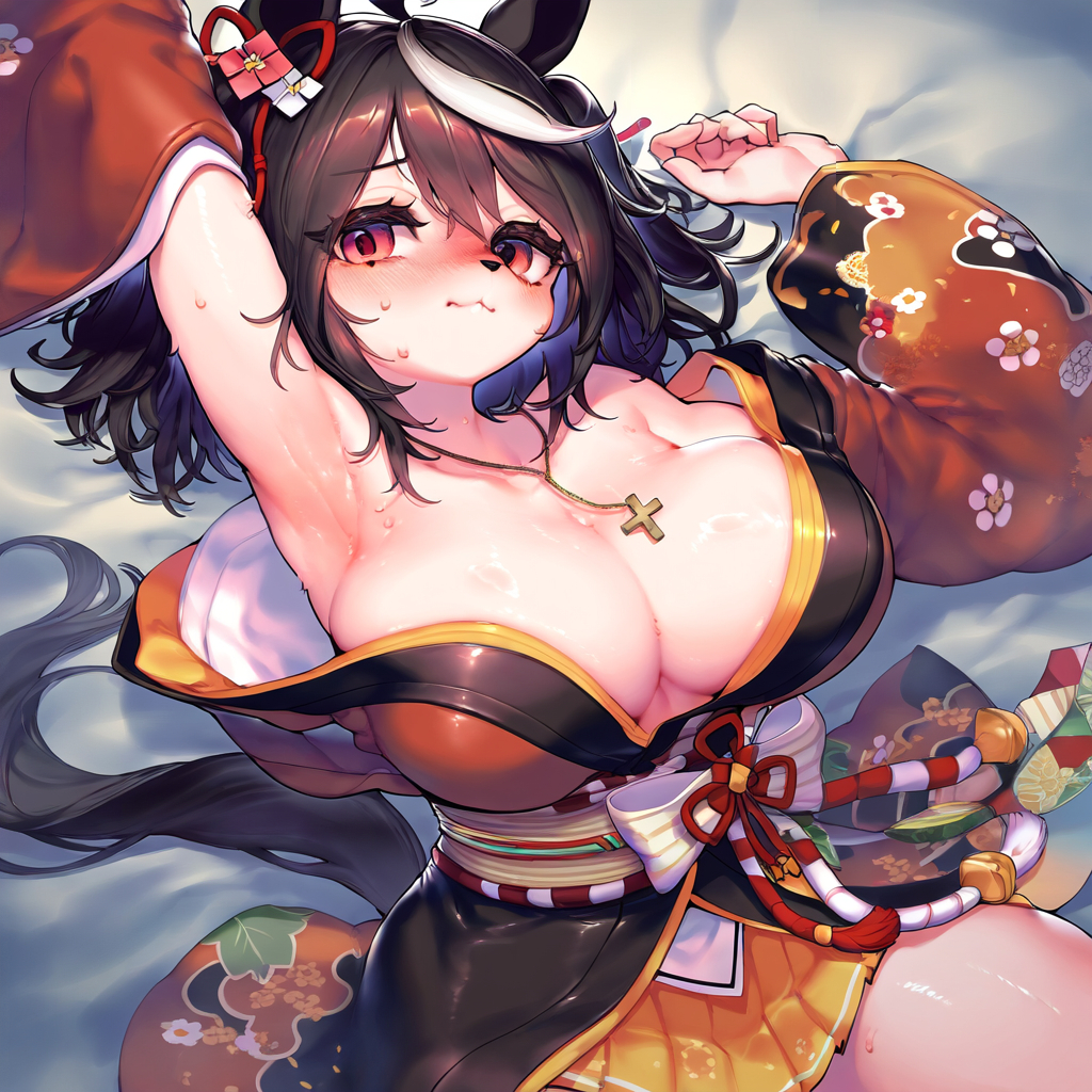 ai_generated animal_ears animal_tail beastman black_hair breasts female fur hair_ornament horse_girl kitasan_black_(umamusume) red_eyes two_tone_hair umamusume umamusume_pretty_derby