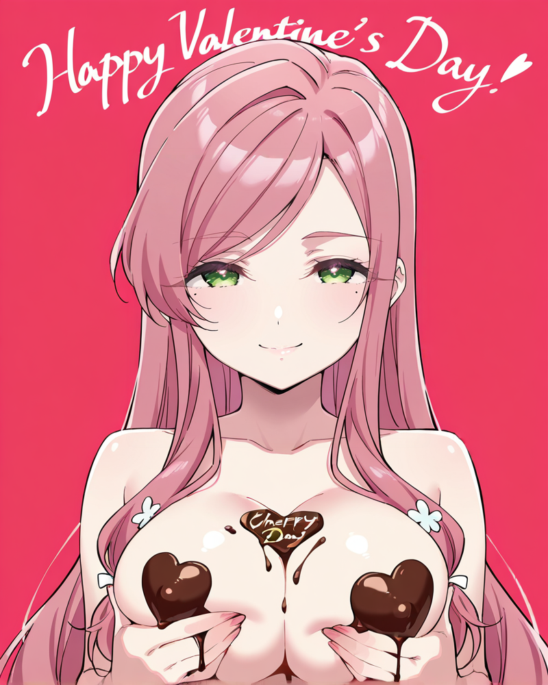 bangs blush box box_of_chocolates breasts cake candy chocolate chocolate_heart chocolate_on_body chocolate_on_breasts clavicle cleavage closed_mouth clothing completely_nude english_language eroero_waifus female female female_only flower food food_on_body gift gift_box green_eyes hair_ornament hanazono_hahari happy_birthday happy_valentine heart heart-shaped_box heart_hands heart_pasties holding holding_gift kimi_no_koto_ga_dai_dai_dai_dai_daisuki_na_100-nin_no_kanojo large_breasts long_hair looking_at_viewer mole mole_under_eye nipples nude pasties pink_background pink_hair red_background simple_background smile solo strawberry text upper_body valentine valentine's_day