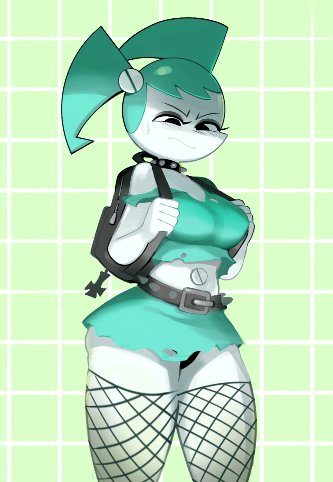 backpack big_ass big_breasts big_thighs blush blush cartoon_network choker clothed embarrassed emo female fishnet_legwear fishnet_stockings fishnets girly goth goth_girl jenny_wakeman looking_down my_life_as_a_teenage_robot non_nude scene skirt solo_female torn_clothes torn_clothing xj9