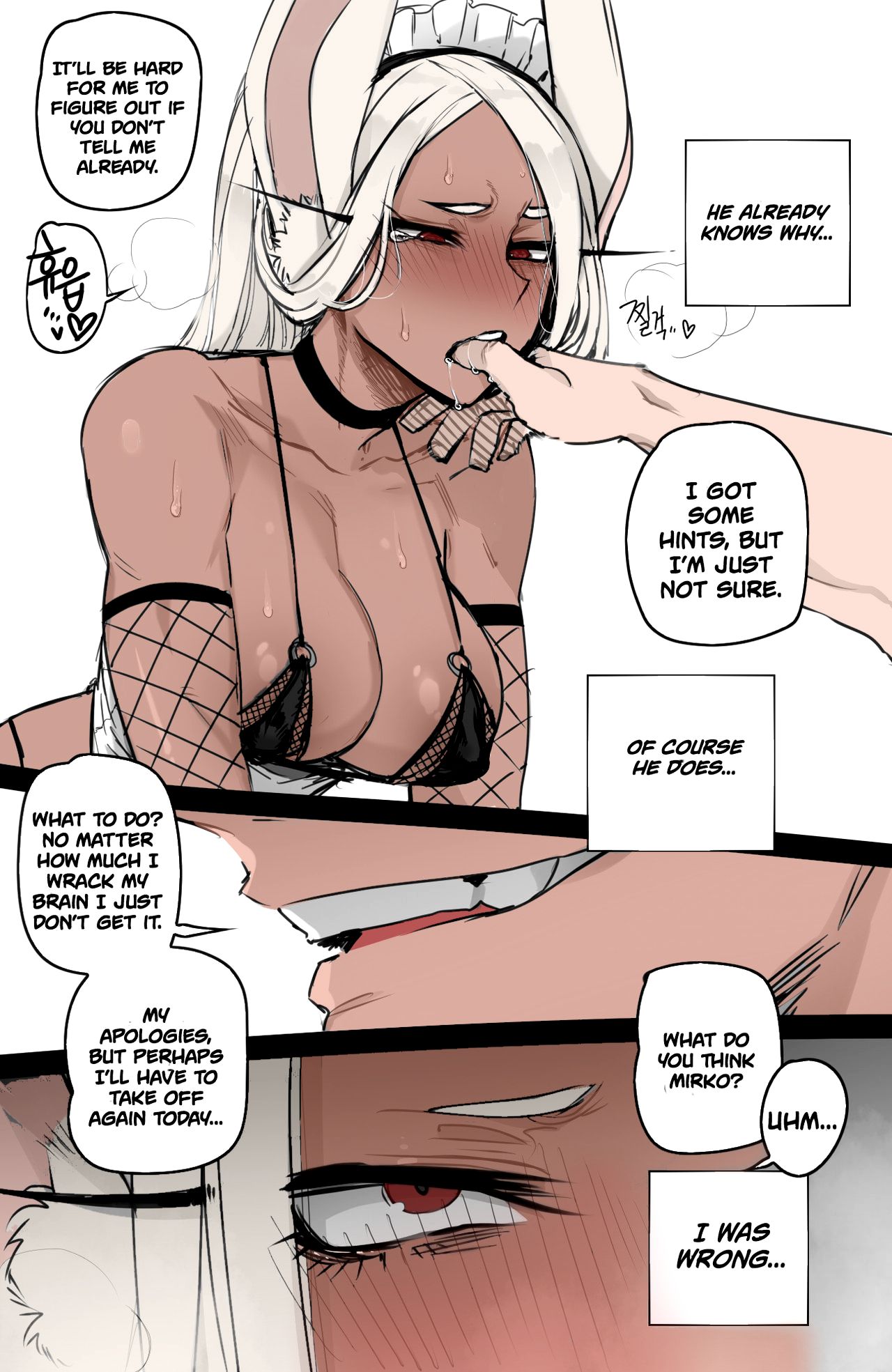 big_breasts blush breasts bunny_ears bunny_girl choker color crying_with_eyes_open english english_text finger_in_mouth fishnet_armwear fishnet_legwear fishnet_stockings fishnets horny_female maid miruko my_hero_academia nipple_bulge nipples_visible_through_clothing ratatatat74 rumi_usagiyama sucking sucking_fingers sucking_thumb