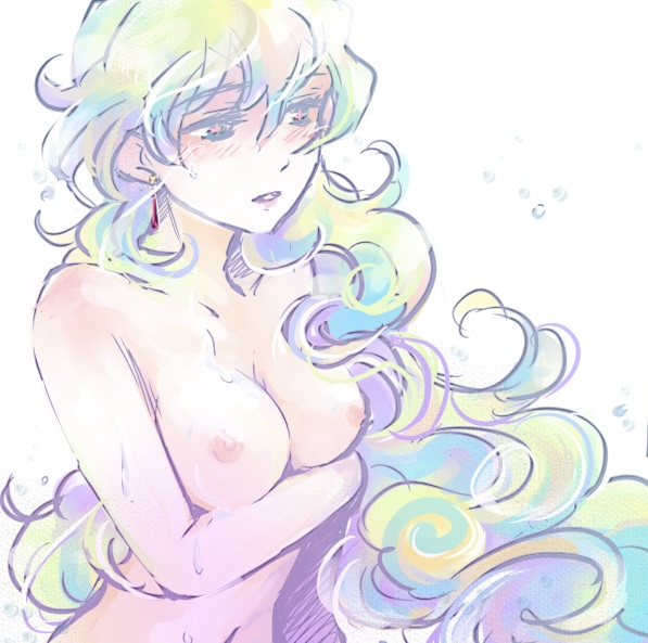 1girls areolae arm_under_breasts blonde_hair blush breasts completely_naked_female completely_nude_female cross_pupils curly_hair earring female_focus female_only long_hair medium_breasts nia_teppelin nipples parted_bangs simple_background solo_female solo_focus tengen_toppa_gurren_lagann upper_body upper_body_focus white_body