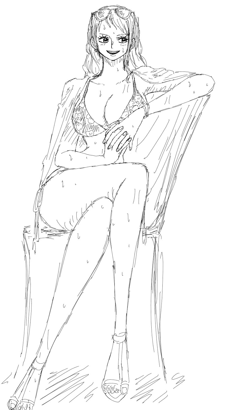 barefoot big_breasts bikini black_and_white blush bra clothing crossed_legs feet female female_only long_hair long_legs nami nami_(one_piece) namnam_op one_piece sitting sitting_on_chair sketch slim slim_body slim_female slim_figure slim_girl slim_waist smiling sunglasses sunglasses_on_head tagme thick_thighs wet wet_body wet_skin white_background