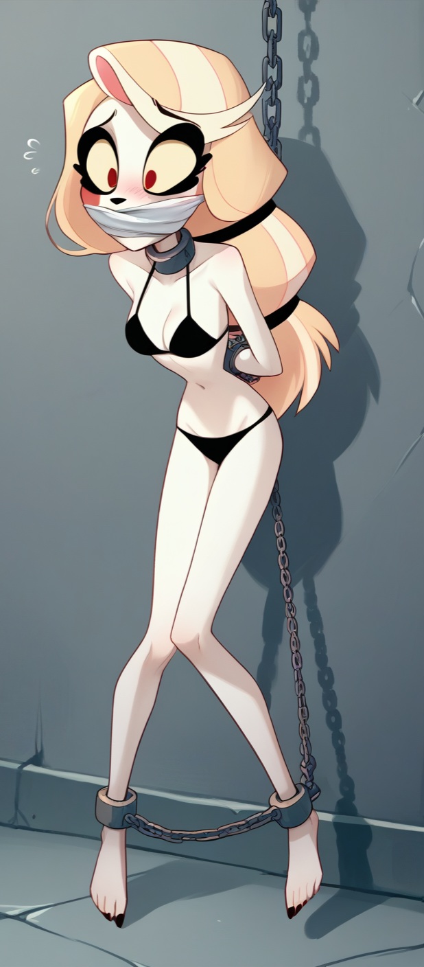 ai_generated bikini blonde_hair bondage chains charlie_morningstar_(hazbin_hotel) dungeon exposed gag hazbin_hotel helpless peril shackles skinny slim_waist suspension white_skin