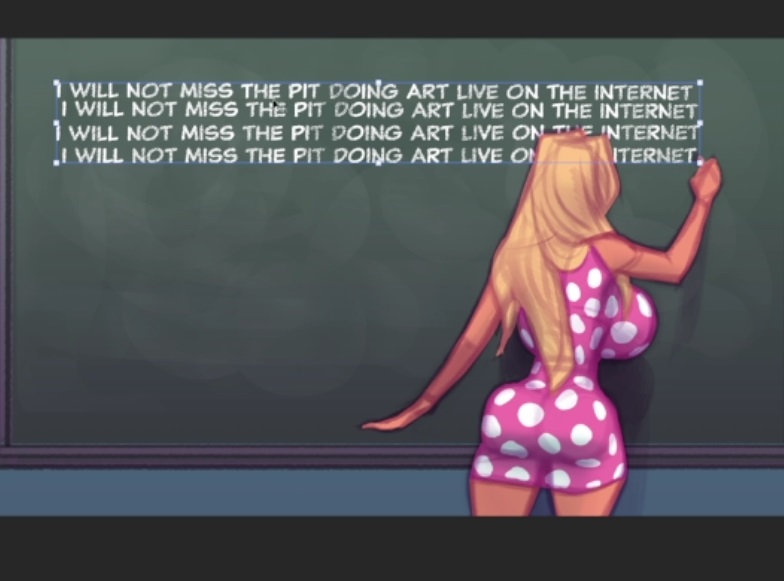 ass, bimbo, blonde hair, breasts, chalkboard, english text, female, huge ass, huge breasts, original character, pink dress, screencap, text, theofficialpit