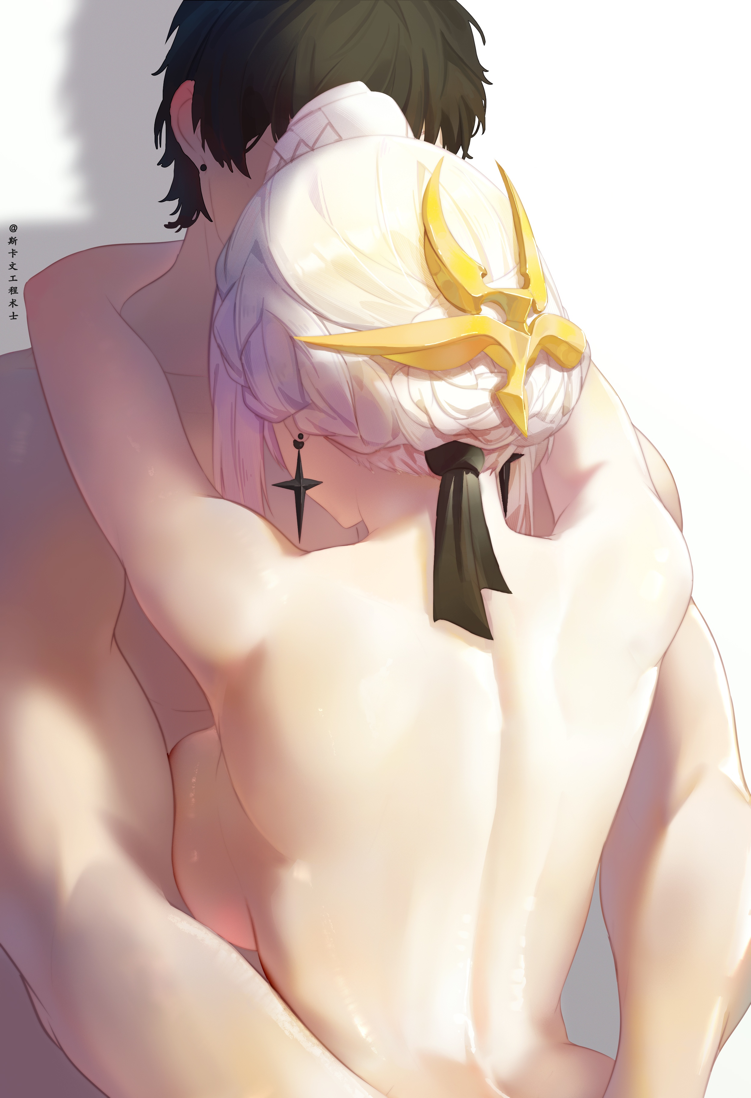 1girls, breast press, breasts, completely nude, female, hugging, implied sex, liv (punishing: gray raven), medium breasts, nude, punishing: gray raven, robot girl, white hair