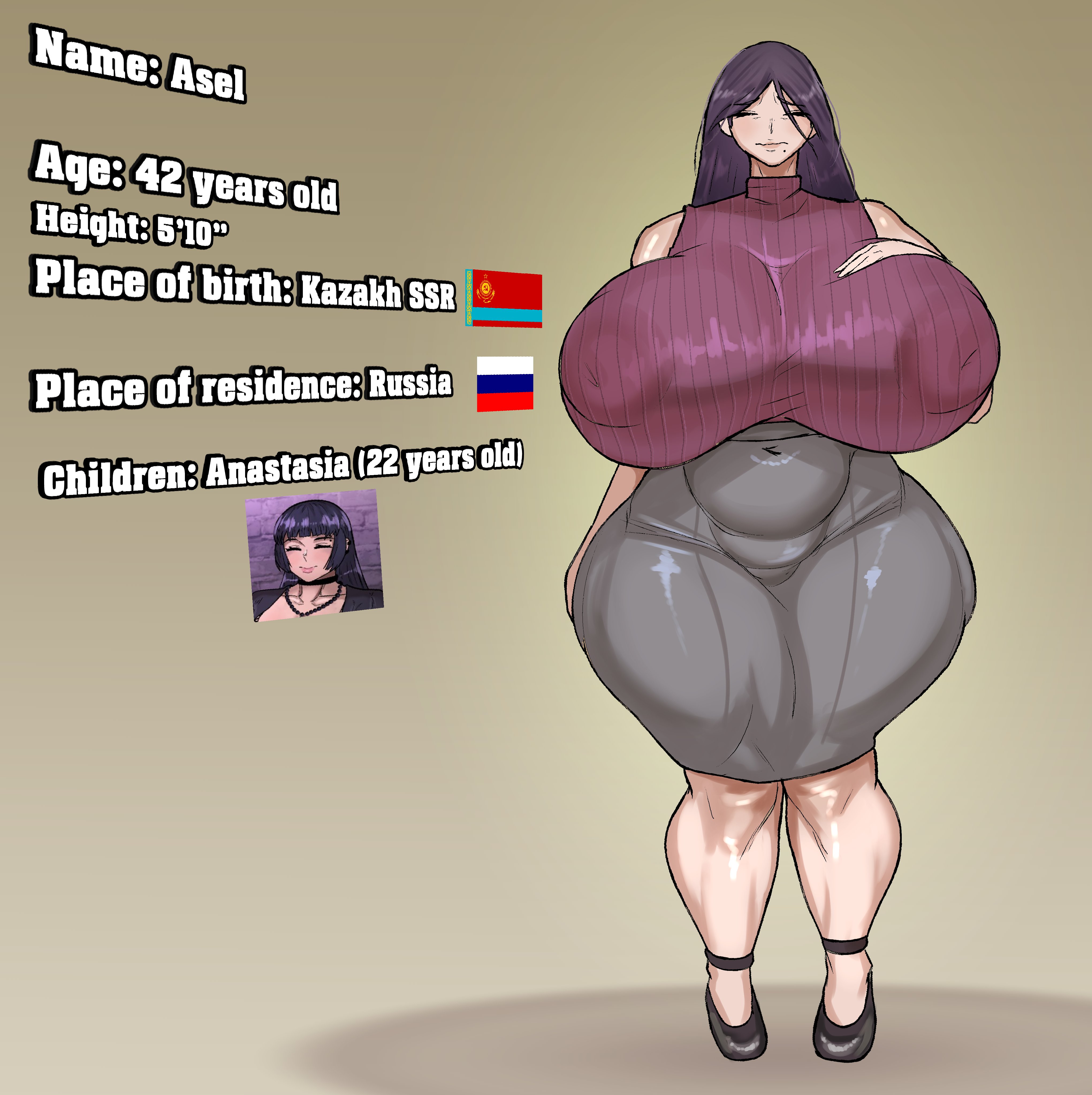 asel (soks), big breasts, breasts, breasts bigger than head, character profile, character sheet, colored, english, english text, female, hyper, hyper breasts, large breasts, light skin, light-skinned female, long hair, long-haired female, lore, milf, oc sheet, russian female, russian flag, soks (artist), text, venus body, voluptuous, voluptuous female, wide hips