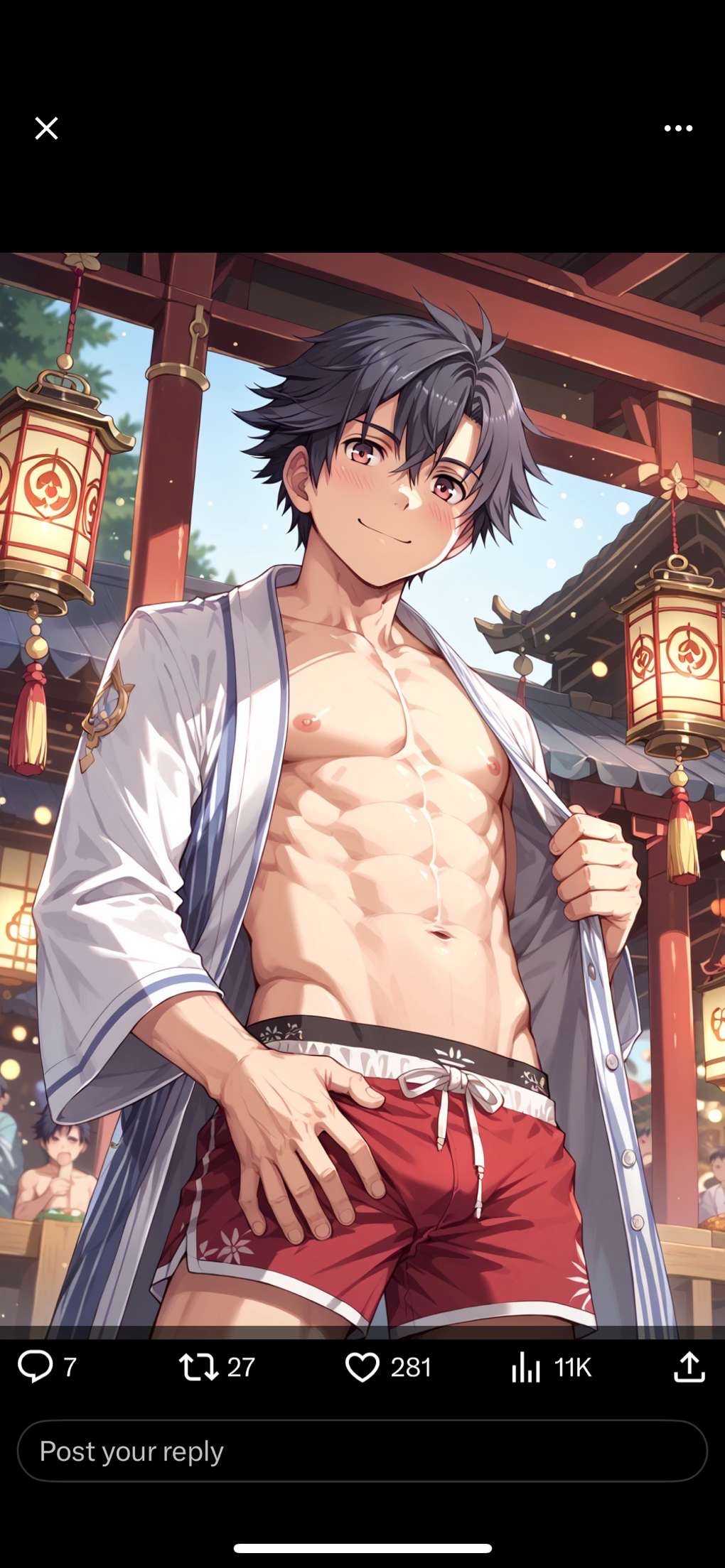 anime beach black_hair muscular posing rean_schwarzer shirtless shorts skinny trails_of_cold_steel twink