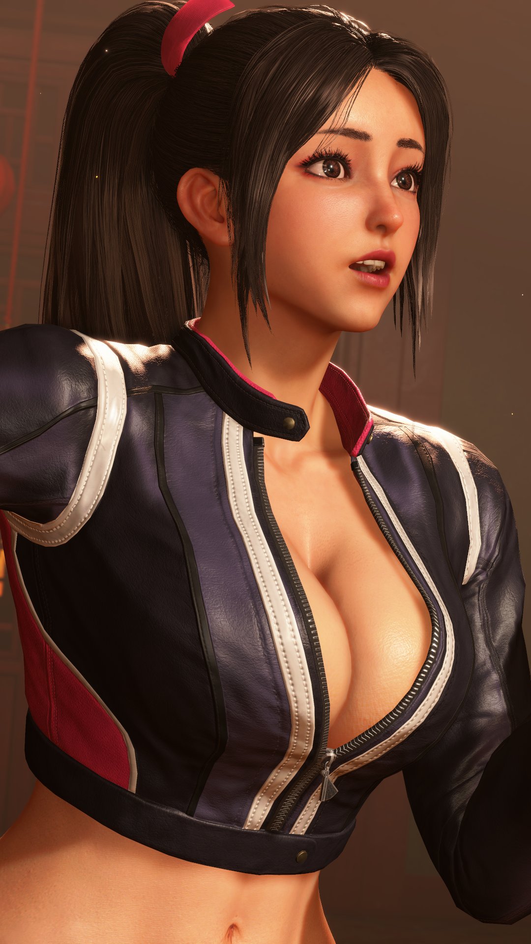 belly_button big_breasts biker_clothes biker_girl biker_gloves biker_jacket brown_hair cleavage fatal_fury gameplay gameplay_screenshot gloves ingame_model jacket leather leather_clothing leather_jacket leather_pants long_hair long_sleeves mai_shiranui open_jacket sf_screenshot slim_waist street_fighter street_fighter_6 tagme top video_game video_game_character video_games wide_hips